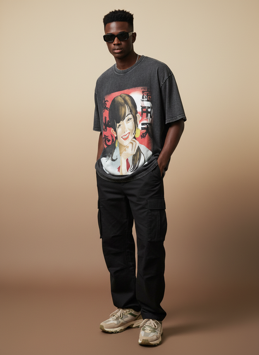 Vintage Snow Washed Oversized Cotton T-Shirt – Chinese Portrait Design