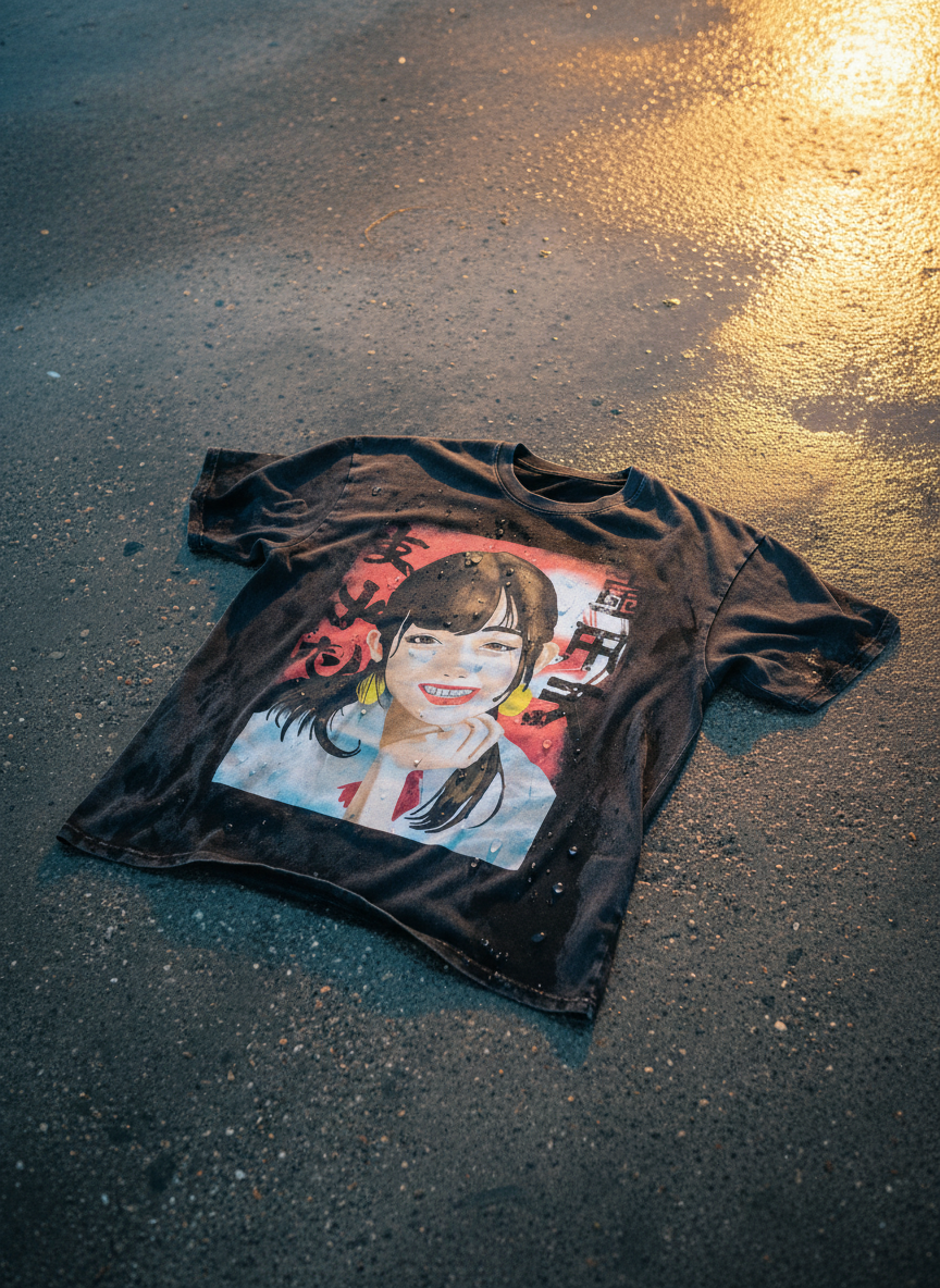 Vintage Snow Washed Oversized Cotton T-Shirt – Chinese Portrait Design