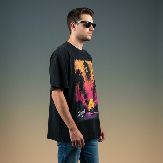 "Driving Off Into The Sunset" Hand-Frayed Sunfade Paint Splatter T-Shirt