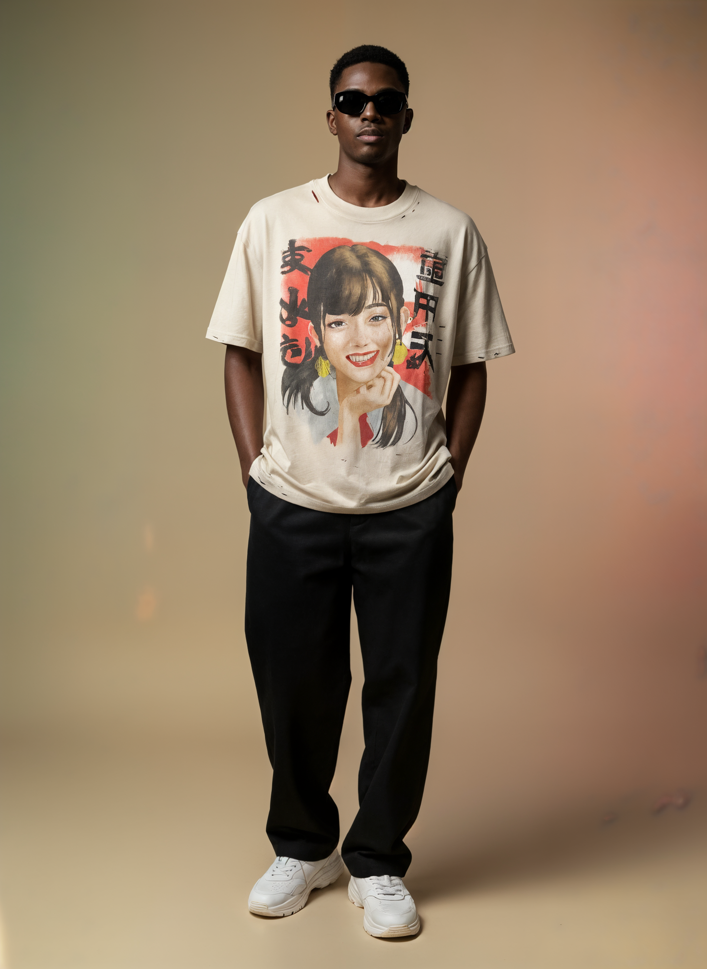 Vintage Frayed Boxy T-Shirt – Chinese Portrait Design
