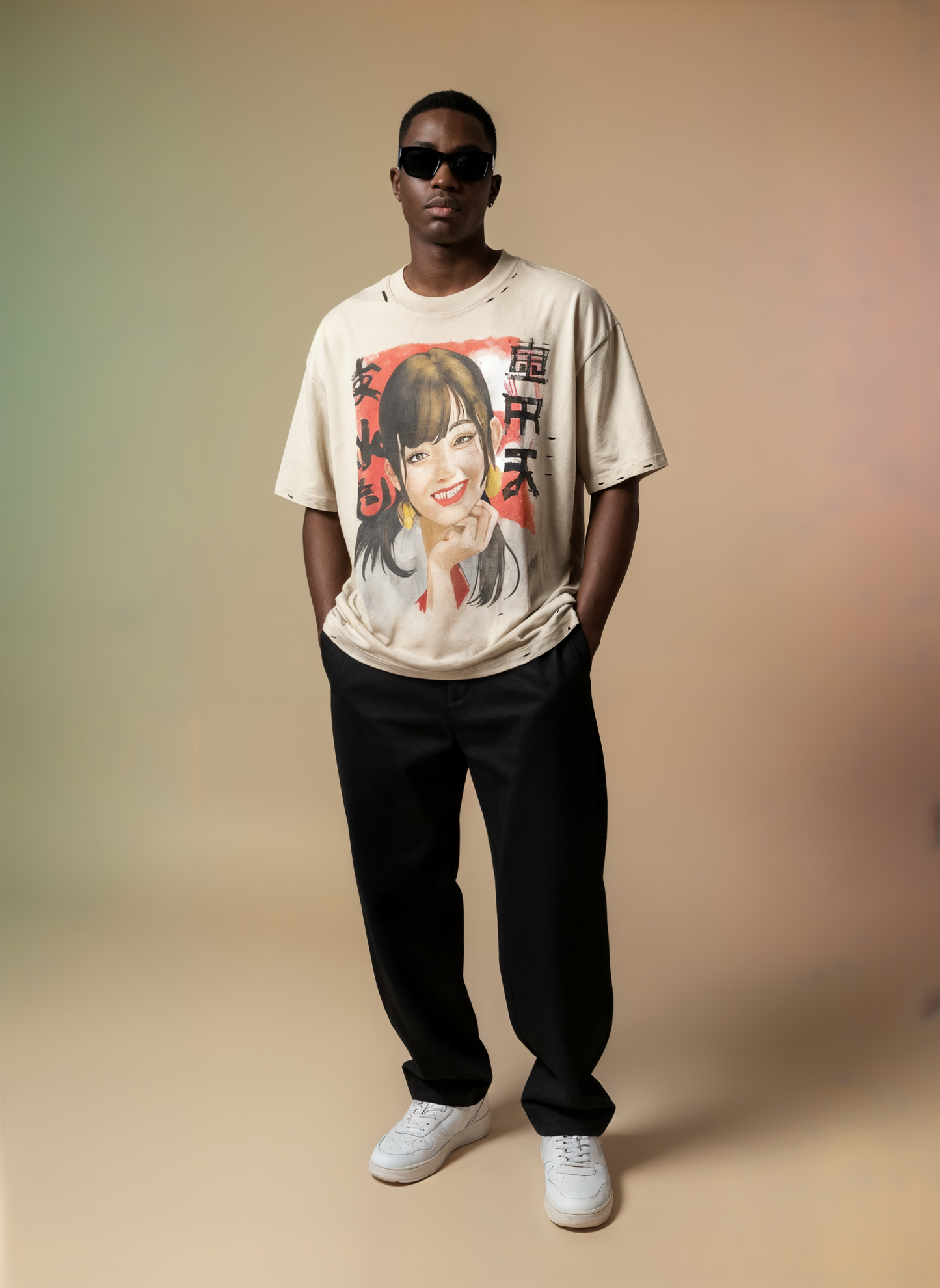 Vintage Frayed Boxy T-Shirt – Chinese Portrait Design