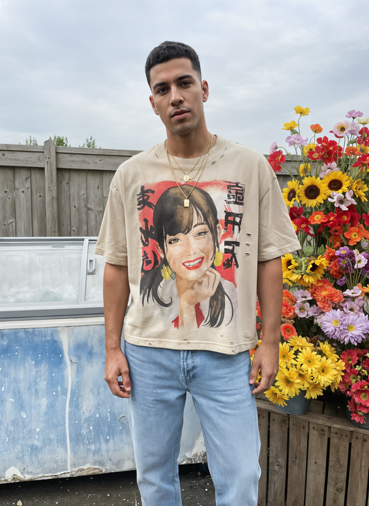 Vintage Frayed Boxy T-Shirt – Chinese Portrait Design