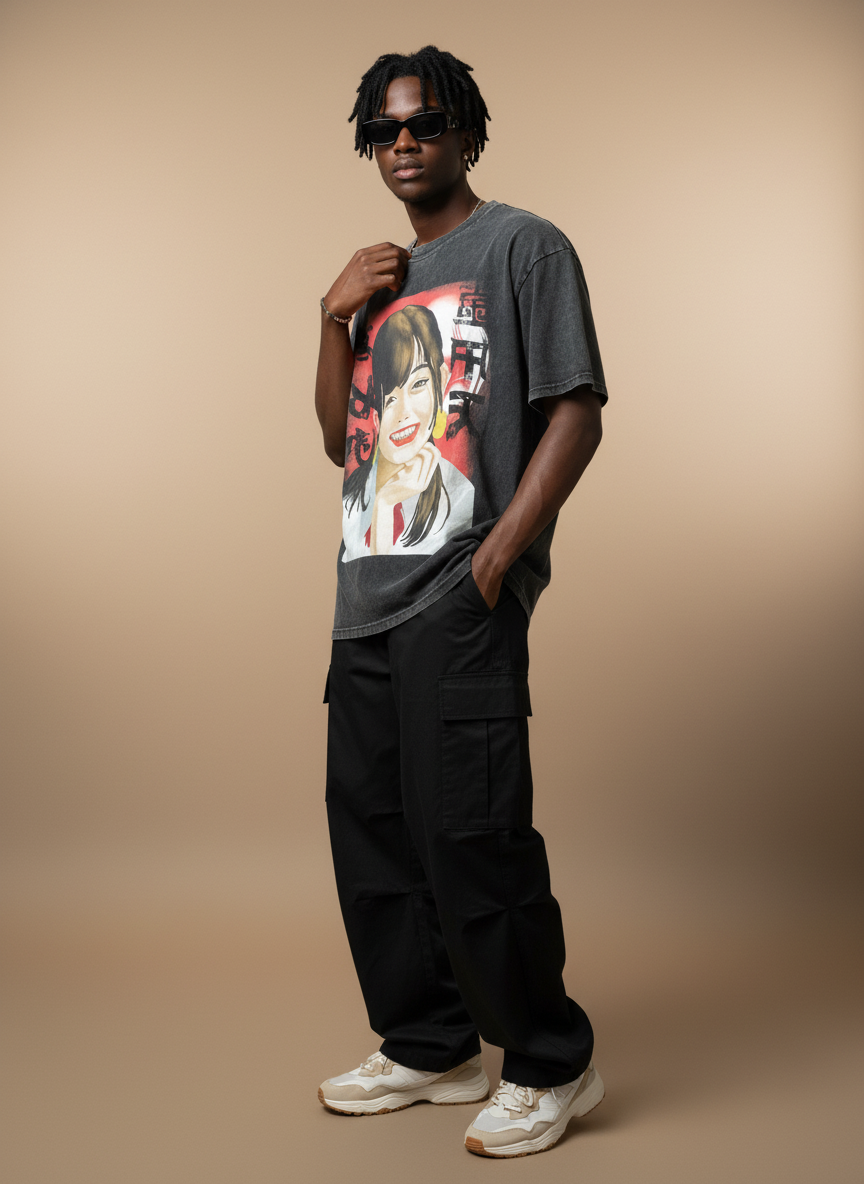 Vintage Snow Washed Oversized Cotton T-Shirt – Chinese Portrait Design