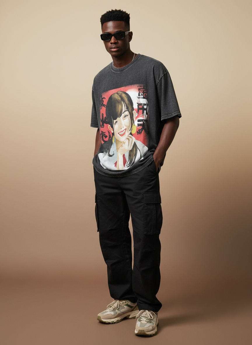 Vintage Snow Washed Oversized Cotton T-Shirt – Chinese Portrait Design