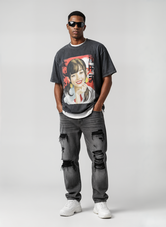 Vintage Snow Washed Oversized Cotton T-Shirt – Chinese Portrait Design