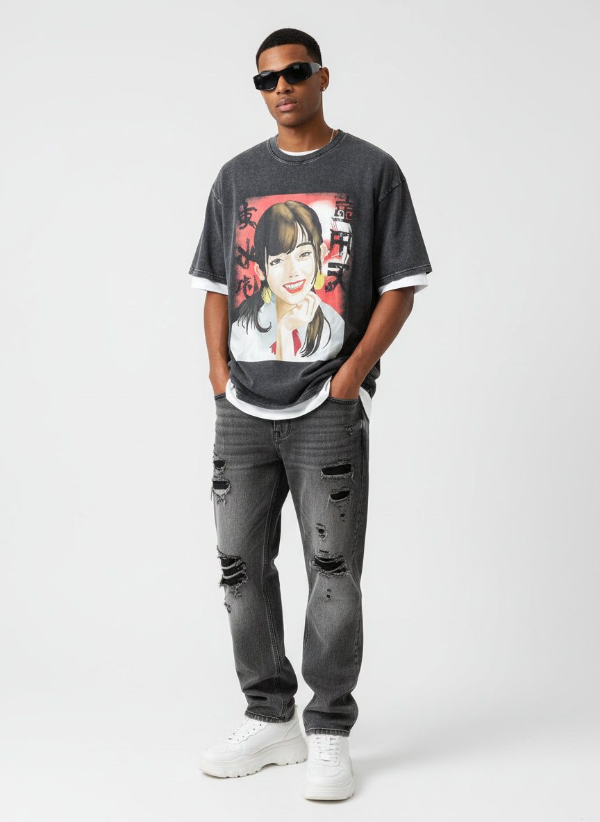 Vintage Snow Washed Oversized Cotton T-Shirt – Chinese Portrait Design