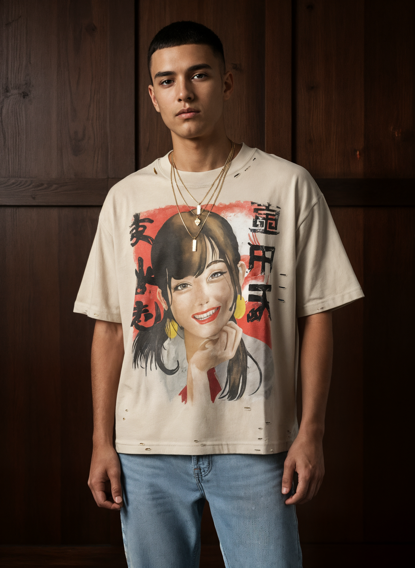 Vintage Frayed Boxy T-Shirt – Chinese Portrait Design