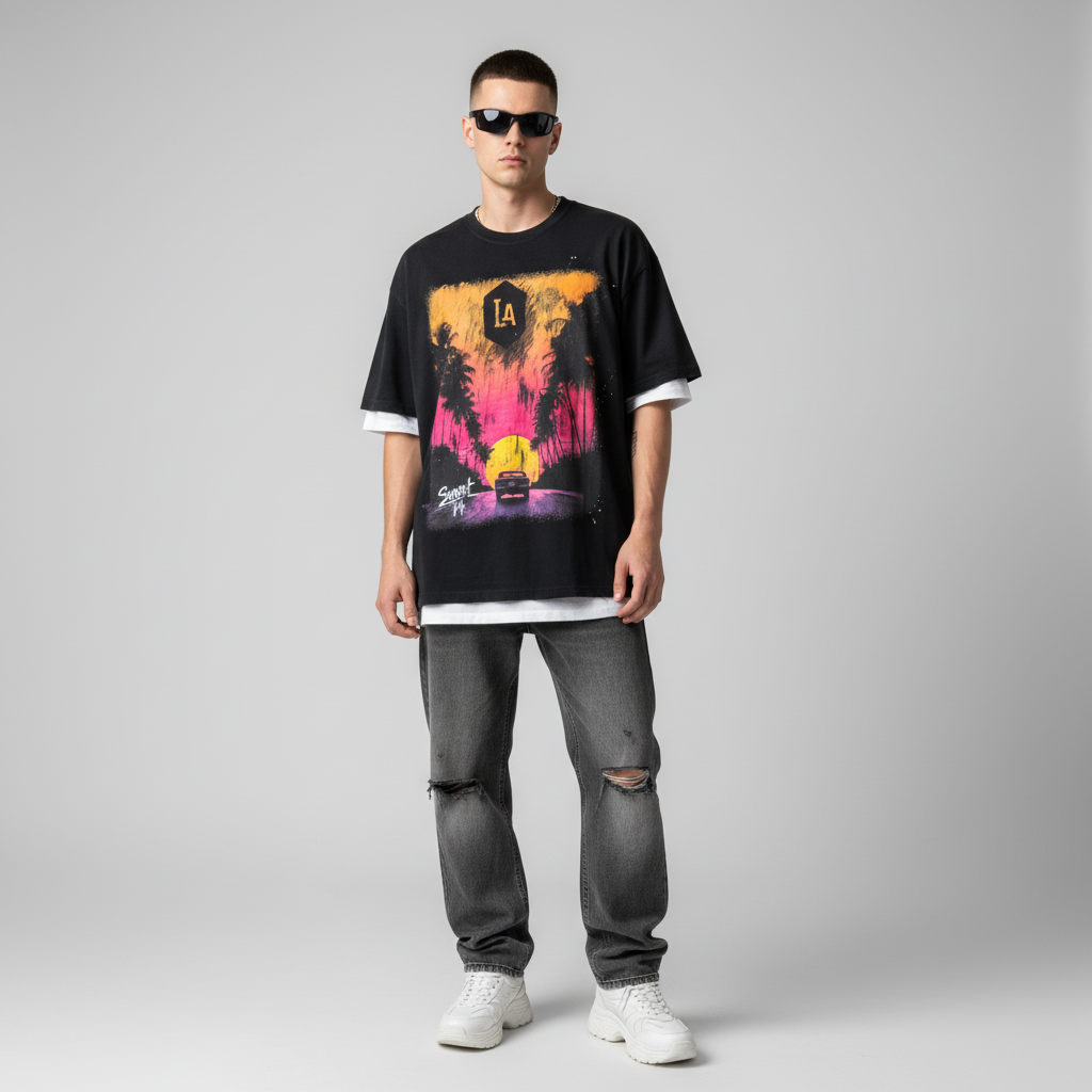 "Driving Off Into The Sunset" Hand-Frayed Sunfade Paint Splatter T-Shirt